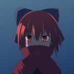  1girl blue_background bow bust cape cato_(monocatienus) covered_mouth hair_bow high_collar large_bow looking_at_viewer red_eyes redhead sekibanki short_hair simple_background solo touhou tunic 