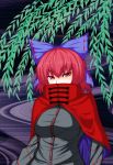  1girl bow breasts bust cape covered_mouth hair_bow high_collar highres large_breasts looking_at_viewer red_eyes redhead sekibanki short_hair solo suirennka_(scar_of_mind) touhou tsurime tunic willow 