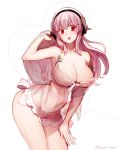  1girl blush breasts cleavage headphones highres kazari_tayu large_breasts long_hair looking_at_viewer navel nitroplus open_mouth panties pink_hair red_eyes rough see-through simple_background solo super_sonico underwear underwear_only white_background 