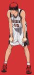  1boy basketball_uniform clothes_writing full_body hands_on_knees kagami_taiga kuroko_no_basuke leaning_forward red_background red_eyes redhead shoes short_hair simple_background smile sneakers socks solo sportswear toned tuna1812 