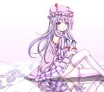  1girl arm_support bare_shoulders bow breasts double_bun dress hair_bow hat hat_ribbon hime_cut knee_up kyowosuke lavender_hair long_hair looking_at_viewer mob_cap on_floor parted_lips patchouli_knowledge payot reflection ribbon robe simple_background sitting solo striped striped_dress thigh-highs touhou violet_eyes white_background 