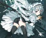  1girl ass butterfly_hair_ornament chaika_trabant dress gun hair_ornament hairband hitsugi_no_chaika lolita_hairband long_hair looking_at_viewer metallican shorts silver_hair solo thigh-highs violet_eyes weapon 