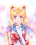  1girl bangs bishoujo_senshi_sailor_moon blonde_hair blue_eyes choker crescent_moon doily double_bun dr.chopper_(dalryu00) elbow_gloves finger_to_mouth gloves gradient gradient_background long_hair looking_at_viewer moon parted_bangs sailor_moon see-through solo super_sailor_moon tsukino_usagi twintails white_gloves 
