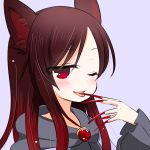  1girl animal_ears blush brown_hair dress fingernails imaizumi_kagerou jewelry long_fingernails long_hair looking_at_viewer marshmallow_mille one_eye_closed open_mouth red_eyes smile solo tongue tongue_out touhou wink wolf_ears 