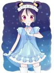  black_hair blush dress gloves hair_buns long_hair love_live!_school_idol_project night red_eyes snow yazawa_nico 