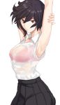  1girl arms_up black_hair bra breasts brown_eyes looking_at_viewer ogros see-through short_hair solo sweat sweating sweating_profusely underwear wet wet_clothes wet_shirt 