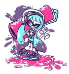  1girl crayon-chewer headphones highres inkling long_hair roller splatoon spot_color tongue twintails 