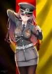  1girl absurdres adjusting_hair arm_up bangs belt black_thighhighs blue_eyes breasts brown_hair coat commentary_request eyebrows_hidden_by_hair german_army glasses hair_between_eyes hair_tie hat highres holding long_hair looking_at_viewer medal military military_hat military_uniform mr.blackcat666 necktie original pantyhose shirt smile solo thigh-highs uniform white_shirt 
