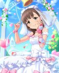  artist_request bell brown_eyes brown_hair flower idolmaster idolmaster_cinderella_girls long_hair sakuma_mayu sky smile wedding 