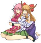  2girls bandaged_arm barefoot breast_hold brown_hair crossed_arms double_bun fang flower green_skirt hands_on_another&#039;s_shoulders highres horns ibaraki_kasen ibuki_suika kneeling looking_at_another multiple_girls pink_clothes pink_eyes pink_hair pink_rose puffy_short_sleeves puffy_sleeves purple_skirt rose shoes short_hair short_sleeves skirt skirt_set sleeveless sleeveless_shirt tabard touhou wrist_cuffs yellow_eyes 