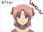  1girl akaza_akari akkari~n alternate_hairstyle before_and_after bust collarbone double_bun hairstyle_switch look-alike looking_at_viewer mikakunin_de_shinkoukei parody pink_hair red_shirt short_hair smile solo tareme todo_(masa3373) violet_eyes white_background yonomori_kobeni yuru_yuri 