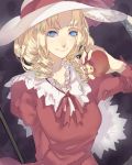  1girl apple arms_behind_back bite_mark blonde_hair blue_eyes dress elly food fruit hat highres long_hair looking_at_viewer red_dress scythe short_hair smile solo tian_(my_dear) touhou touhou_(pc-98) 