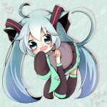  1girl ahoge animal_ears aqua_eyes blue_hair blush cat_ears cat_tail chibi detached_sleeves hatsune_miku long_hair looking_at_viewer necktie open_mouth shii_(cocoa) skirt smile solo tail thighhighs twintails vocaloid 
