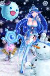  1girl absurdres animal_ears bare_shoulders blue_dress blue_eyes blue_hair blue_legwear braid breasts cleavage dress drill_hair hand_on_own_cheek highres large_breasts league_of_legends long_hair lulu_(league_of_legends) myurumyuru poro_(league_of_legends) snow snowflakes snowman solo staff thigh-highs tiara twin_braids 