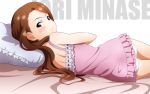  1girl blush brown_hair idolmaster long_hair looking_at_viewer looking_back lying minase_iori panties pillow red_eyes solo sunsun69 underwear 