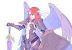  1girl armor dark_minerva_(p&amp;d) highres navel puzzle_&amp;_dragons red_eyes redhead simple_background small_breasts sword weapon wings 