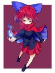 1girl bow breasts cape hair_bow ishimu purple_background red_eyes red_skirt redhead sekibanki short_hair skirt solo touhou 