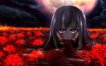  1girl akemi_homura black_hair fire flower full_moon long_hair looking_at_viewer mahou_shoujo_madoka_magica mahou_shoujo_madoka_magica_movie moon nude sky smile solo spider_lily spoilers star_(sky) starry_sky submerged violet_eyes 