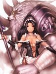  1boy 1girl apron armor bare_shoulders black_hair breasts center_opening cleavage fumio_(rsqkr) league_of_legends lips maid maid_headdress nidalee ponytail red_eyes rengar scar staff 