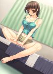  1girl bare_shoulders bed blush breasts brown_eyes brown_hair cleavage midriff miyai_max navel off_shoulder sitting solo white_album_2 