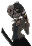  1girl bun_cover cosplay friday_the_13th game_cartridge hair_bun hockey_mask jason_voorhees jason_voorhees_(cosplay) machete nes nyoro_mutou painwheel_(skullgirls) skullgirls stitched_mouth 