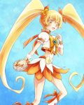  1girl blonde_hair bow cure_sunshine hair_ribbon heart heartcatch_precure! long_hair looking_at_viewer midriff myoudouin_itsuki naka_(ez) open_mouth precure ribbon skirt solo twintails yellow_eyes 