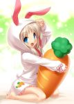  1girl animal_costume animal_ears animal_hood barefoot blonde_hair blue_eyes bunny_costume carrot dress fang hat hood little_busters!! long_hair noumi_kudryavka rabbit_ears zen 