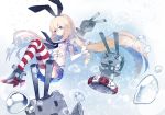  &gt;_&lt; 1girl :3 blonde_hair blue_eyes bubble cuivre elbow_gloves gloves hairband kantai_collection long_hair looking_at_viewer navel open_mouth pleated_skirt rensouhou-chan school_uniform serafuku shimakaze_(kantai_collection) skirt smile striped striped_legwear tagme thigh-highs translation_request triangle_mouth turret white_gloves |_| 