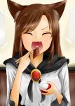  1girl animal_ears breasts brown_hair closed_eyes dress eating fangs food heart imaizumi_kagerou jewelry kaisenpurin long_hair long_sleeves meat open_mouth rice rice_bowl solo touhou wolf_ears 