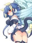  1girl ass asymmetrical_wings bare_shoulders blonde_hair blush breasts dizzy folks_(nabokof) guilty_gear hair_ribbon long_hair necro red_eyes ribbon smile tail tail_ribbon twintails undine_(guilty_gear) wings 