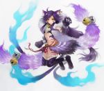 1girl :3 ahoge animal_ears anklet bell bell_collar blue_fire breasts cat_ears cat_girl cat_paws cat_tail claws clenched_hand collar earrings facial_mark fire fuku_imo fur_trim hair_tubes hoop_earrings jewelry jingle_bell knees_together_feet_apart knees_touching kurone_(p&amp;d) long_hair multiple_earrings navel no_panties over-kneehighs paws purple_hair purple_legwear puzzle_&amp;_dragons ribbon ring side_slit simple_background skirt smile solo tail tank_top tattoo thigh-highs under_boob white_background wristband yellow_eyes 
