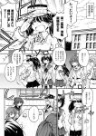  6+girls akebono_(kantai_collection) asymmetrical_hair closed_eyes comic crescent_moon cup flat_cap folded_ponytail fumizuki_(kantai_collection) hat hibiki_(kantai_collection) inazuma_(kantai_collection) kantai_collection long_hair monochrome moon multiple_girls mutsuki_(kantai_collection) nagatsuki_(kantai_collection) opening_door ryuujou_(kantai_collection) school_uniform short_hair side_ponytail sweat teacup towel translation_request ushio_(kantai_collection) visor_cap zepher_(makegumi_club) 