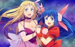  2girls :d alternate_costume blonde_hair blue_background blue_eyes blue_hair bonne_jenet bracelet breasts choker cleavage fatal_fury flower futaba_hotaru hair_flower hair_ornament hair_ribbon half_updo holding_hands jewelry long_hair mark_of_the_wolves multiple_girls open_mouth ribbon satowo smile twintails wrist_cuffs 