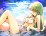  1girl bare_shoulders bikini breasts c.c. cleavage code_geass creayus green_hair long_hair lying partially_submerged rough smile solo sunlight swimsuit water wet yellow_eyes 