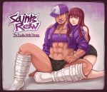  1boy 1girl abs boots crossdressinging facial_hair goatee hat highres jewelry jinno_shigure lipstick makeup midriff necklace parody pierce_washington purple_hair saints_row saints_row:_the_third 