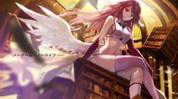  1girl angel_wings blush book bookshelf breasts feathered_wings jibril_(no_game_no_life) library long_hair looking_at_viewer low_wings midriff navel no_game_no_life pink_hair red_eyes rough sitting smile solo swd3e2 white_wings wings 