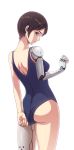  1girl adjusting_clothes adjusting_swimsuit black_hair blue_swimsuit cyborg from_behind leaf98k looking_back mecha mechanical_arm mechanical_leg one-piece_swimsuit prosthesis prosthetic_arm prosthetic_leg shinatose_izana short_hair sidonia_no_kishi solo spoilers swimsuit swimsuit_tug violet_eyes 