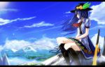  1girl blue_hair blue_sky boots clouds food fruit grass hat hinanawi_tenshi knee_boots lake letterboxed looking_afar mountain peach planted_sword planted_weapon puffy_sleeves rainbow river shirt sitting skirt sky smile solo sword sword_of_hisou touhou weapon wind zeb_nakaichi 