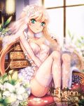  1girl blonde_hair breasts bridal_veil cleavage comic ecell elbow_gloves flower garter_belt garter_straps gloves green_eyes long_hair looking_at_viewer original smile solo thigh-highs veil white_gloves white_legwear 