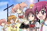  5girls ;d ahoge aitaso awayuki_himeno bow brown_eyes brown_hair choker corrector_yui crossover hair_color_connection hairband hoshizora_miyuki kaname_madoka kasuga_yui mahou_shoujo_madoka_magica momomiya_ichigo multiple_crossover multiple_girls necktie open_mouth pink_eyes pink_hair pop_(smile_precure!) precure pretear school_uniform short_hair short_twintails smile smile_precure! tokyo_mew_mew twintails wink 