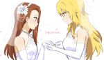  2girls blonde_hair brown_hair dress elbow_gloves flower gloves green_eyes hair_ornament hairband hisakawa_riho hoshii_miki idolmaster jewelry long_hair minase_iori multiple_girls necklace red_eyes ring wedding wedding_dress wedding_ring yuri 