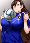  1girl between_breasts breasts brown_eyes brown_hair final_fantasy final_fantasy_vii japan kokuryuugan large_breasts long_hair smile soccer soccer_uniform solo sportswear tifa_lockhart 