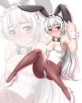  1girl animal_ears arm_garter bare_shoulders blush bowtie breasts bunnysuit chaika_trabant cleavage detached_collar embarrassed fake_animal_ears flower hairband high_heels hitsugi_no_chaika leotard lolita_hairband long_hair pantyhose rabbit_ears ribbon silver_hair solo surume_(clavis) violet_eyes wrist_cuffs zoom_layer 