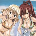  adjusting_hair album_cover artist_name bikini blonde_hair bracelet breasts brown_eyes cleavage clouds cover earrings erza_scarlet fairy_tail flower hair_flower hair_ornament hair_over_one_eye happy_(fairy_tail) headphones headphones_around_neck heart heart_earrings highres innertube jewelry long_hair lucy_heartfilia mashima_hiro necklace official_art ponytail redhead ribbon sarong short_hair short_twintails sky smile swimsuit text twintails 