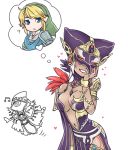  ? blonde_hair blue_eyes blush bracelet breasts cia_(zelda_musou) cleavage hands_on_own_face hat heart hood jewelry large_breasts link mask musical_note nintendo scarf shoulder_pads teru_suzu the_legend_of_zelda thought_bubble white_hair wizro zelda_musou 