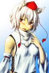  1girl animal_ears bare_shoulders blush breasts detached_sleeves gradient gradient_background inubashiri_momiji looking_away no_bra open_mouth pom_pom_(clothes) red_eyes sachi_(pixiv1644992) short_hair sideboob silver_hair solo touhou wolf_ears 