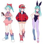  1girl animal_ears aqua_hair bare_shoulders belt blue_eyes braid breasts bulma bunnysuit character_name cleavage cross-laced_footwear dragon_ball dragon_radar gum_(gmng) hand_on_hip hands_in_pockets hat long_hair looking_at_viewer pantyhose ponytail rabbit_ears shoes short_hair simple_background single_braid skirt smile solo white_background 