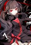  1girl azami_(kagerou_project) black_hair forked_tongue fumiko_(miruyuana) hair_ribbon highres japanese_clothes kagerou_project long_hair red_eyes ribbon scales tongue very_long_hair 