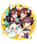  4girls ahoge animal_ears asymmetrical_hair bell black_hair blue_eyes blush brown_hair cat_hair_ornament chain character_name chibi circle cow_bell cow_ears cow_horns cow_tail cuffs fang fox_ears fox_tail hair_ornament hairclip highres horns japanese_clothes kaenuco kimono leaf long_hair magatama multiple_girls multiple_tails one_eye_closed open_mouth original rabbit_ears red_eyes ribbon shackles short_hair side_ponytail sitting smile sweat tail third_eye violet_eyes white_hair wink 