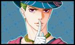  1boy bowler_hat finger_to_mouth formal green_hair hat jojo_no_kimyou_na_bouken kira_yoshikage rozarita solo suit violet_eyes 